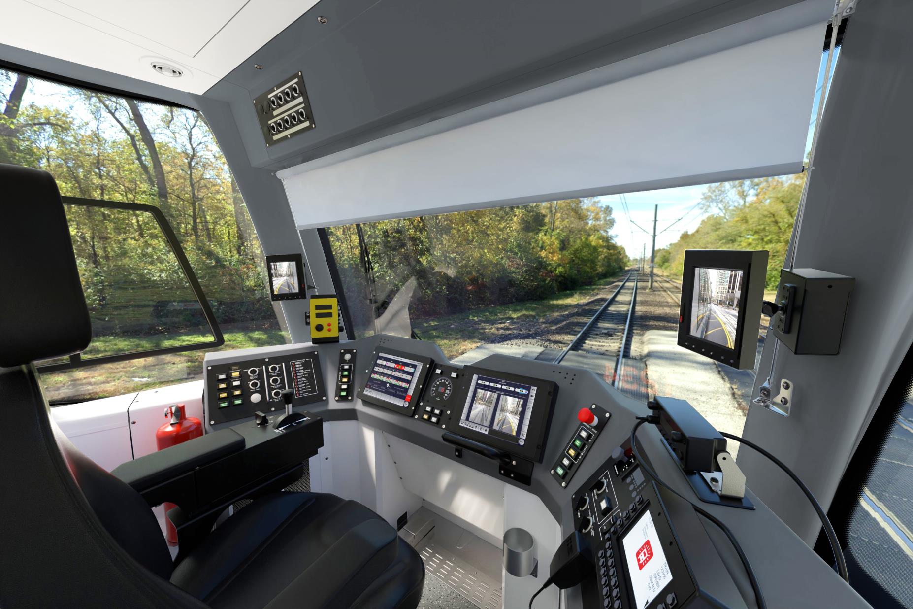 View on the track stretching ahead as seen from the inside of a next-generation MetroLink vehicle concept